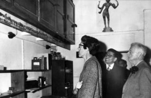 Dr. W Norman Brown and Mr. V.R. Nambiar with a visitor at the American Academy of Benares, Rewa Palace, Varanasi, Uttar Pradesh, December, 1968.
